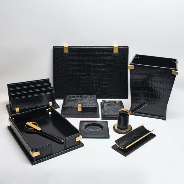 France “Marius Patte” Crocodile Leather Desk Accessories