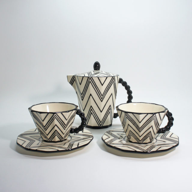 Czech Cubism “Pavel Janák” Black Line Coffee Pot & C/S