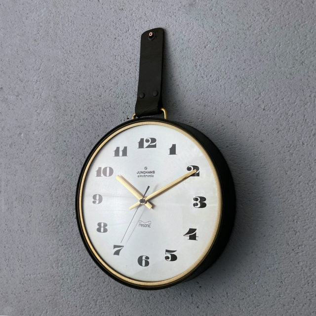 70’s W-Germany “JUNGHANS” Leather & Brass Round Wall Clock