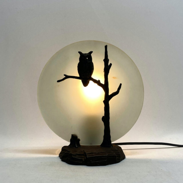 70年代 鋳鉄 / 硝子「月夜の梟」卓上ランプ