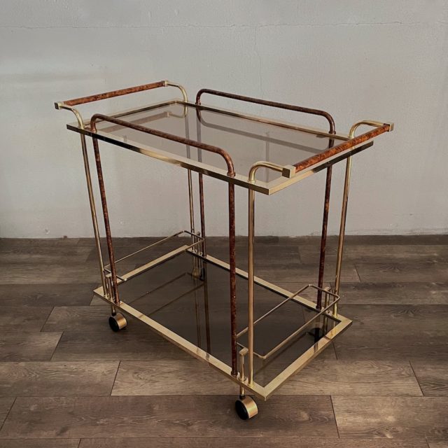 German Deco Style Brass & Briar Frame / Glass Top Bar Cart