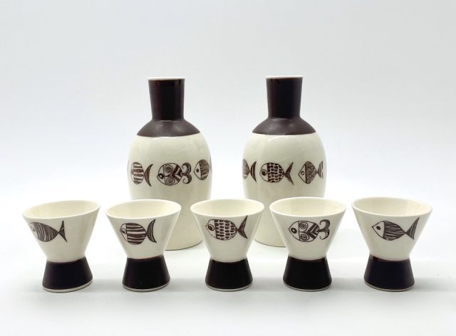 60’s “中上良子” デザイン “知山窯” 酒器セット：魚