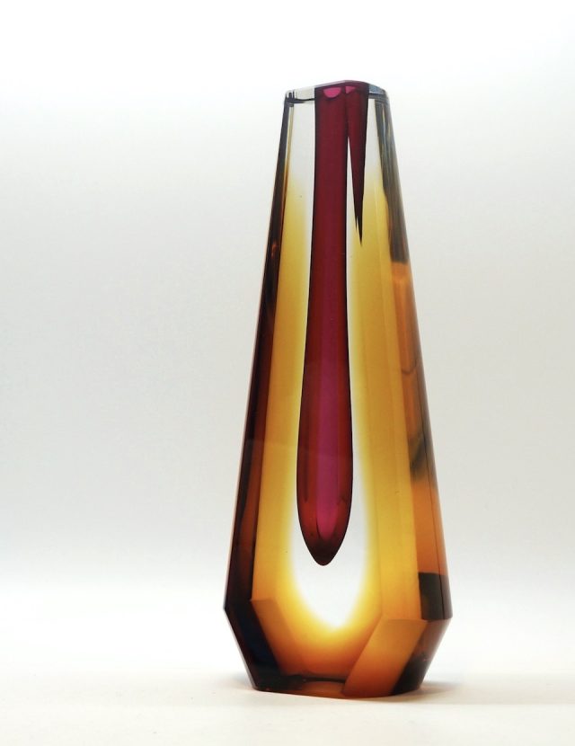 60’s Czech “Pavel Hlava” Design Glass Vase (Amber×Purple / Middle) for “EXBOR”