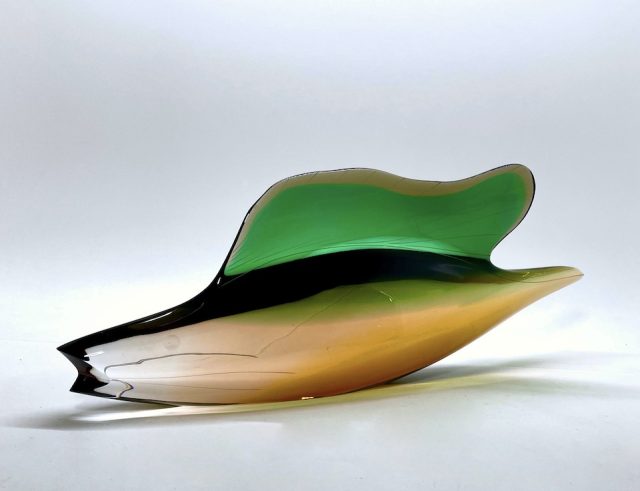 Czech “EXBOR” Glass Fish Sculpture Green & Orange by J.Rozinek & S.Honzik