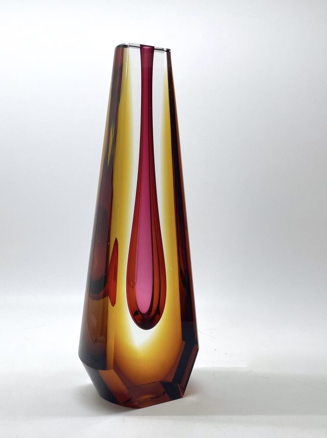 60’s Czech “Pavel Hlava” Design Glass Vase (Amber×Purple / Large) for “EXBOR”