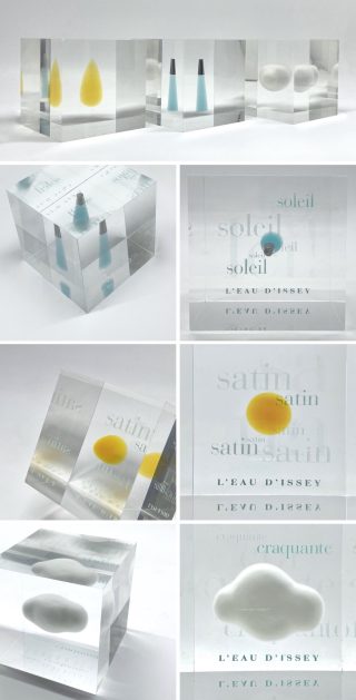 "ISSEY MIYAKE / 三宅一生"  「 L'EAU D'ISSEY 」Acrylic Cube Display ＜soleil ＞ ＜ satin ＞ ＜ craquante ＞