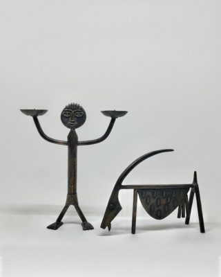 1962 Hungary "PERCZ JANOS" Bronze Figural CANDLE STICK & Goat Sculpture