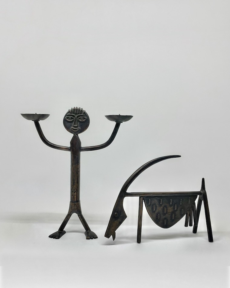 1962 Hungary “PERCZ JANOS” Bronze Figural CANDLE STICK & Goat Sculpture