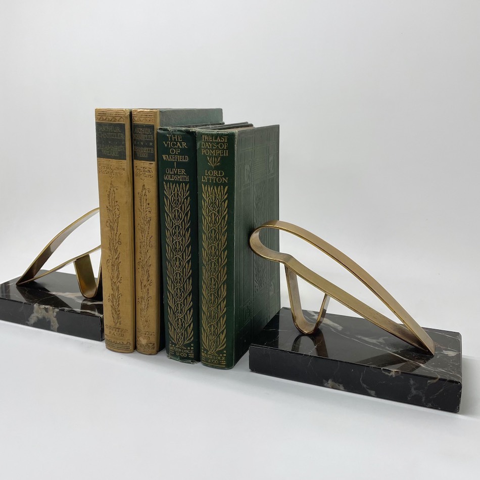 1930s Art Deco Brass / Marble Bookends Pair Set